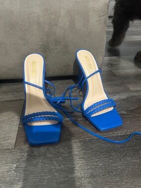 Miss Lola Royal Blue Braided Lace-Up Square Toe Heels